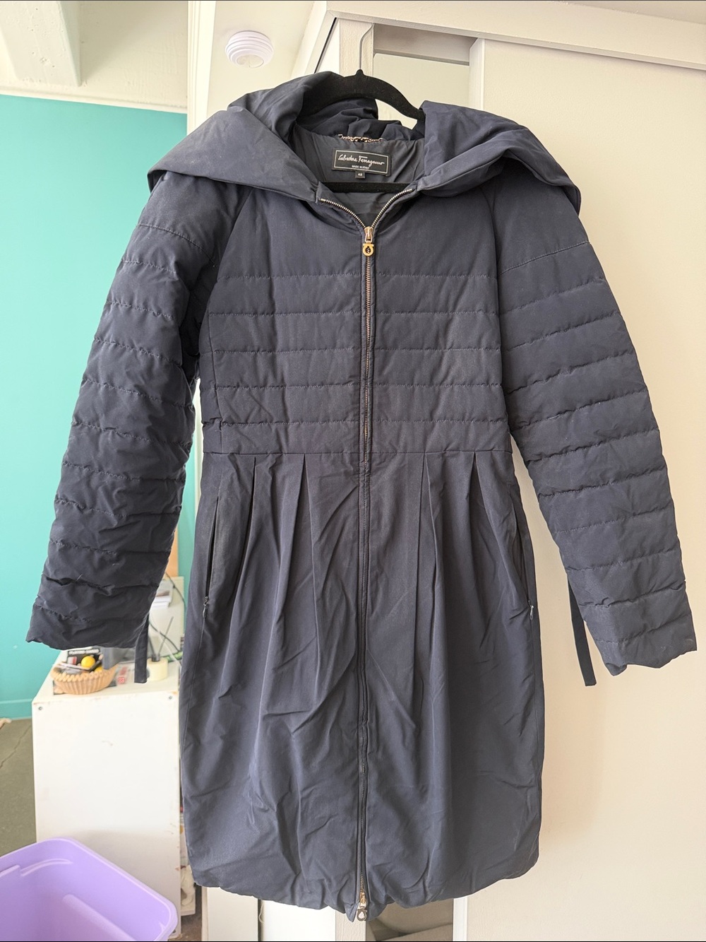 Salvatore Ferragamo Navy Hooded Quilted Pleated Puffer Coat